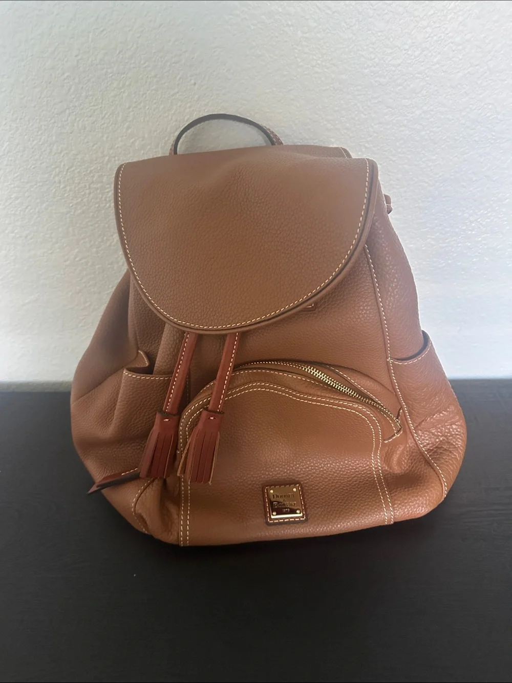 Dooney & Bourke Cognac Pebble Leather Drawstring Backpack